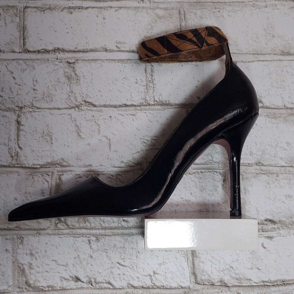 Michael Antonio black leather heels w/animal print velcro ankle straps